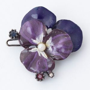 Vintage Gerard Yosca Purple Pansy Flower Hair Barrette Hand Painted Pin Clip